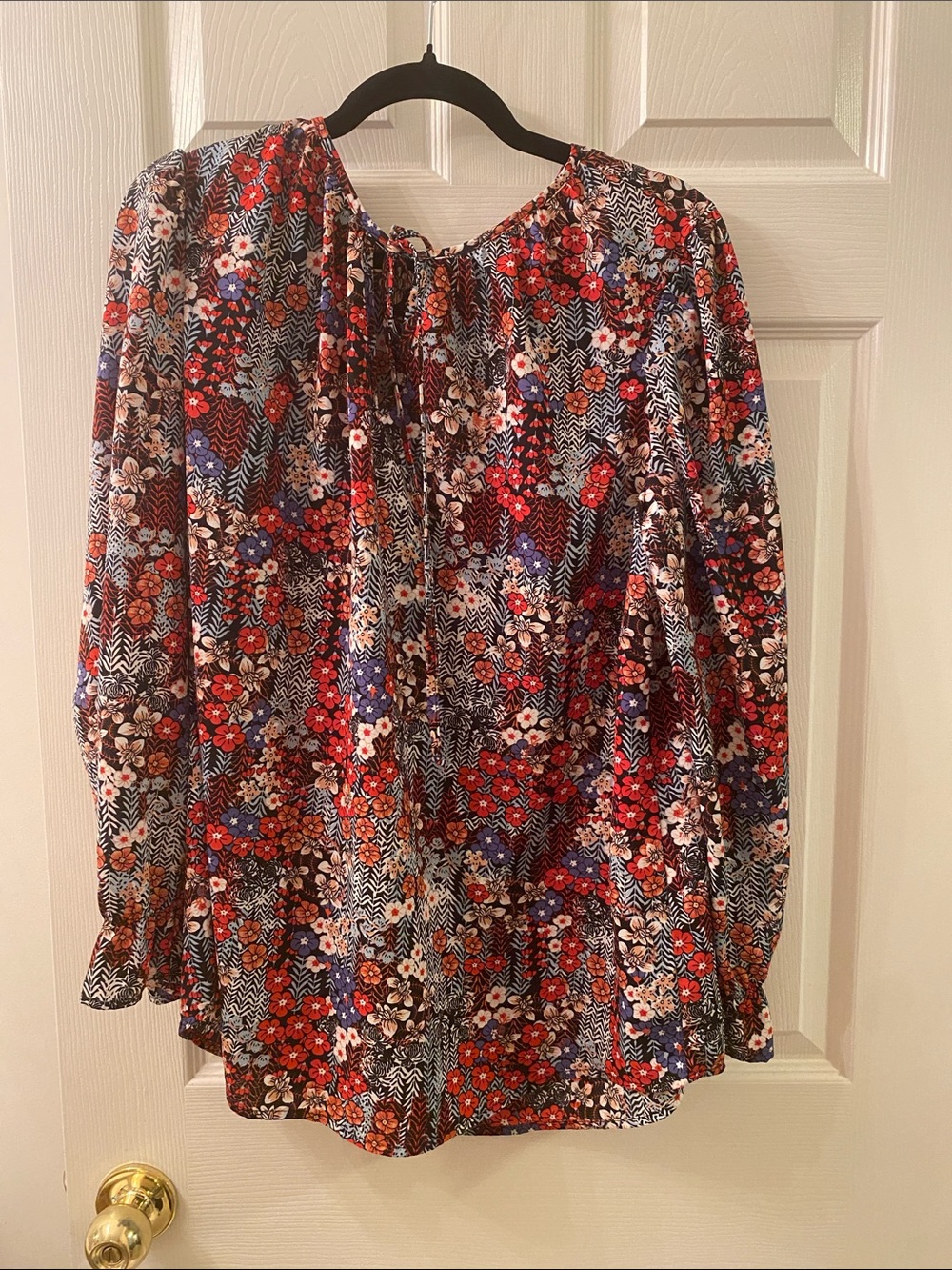 Floral Long Sleeve Peasant Blouse - Red, Blue, White